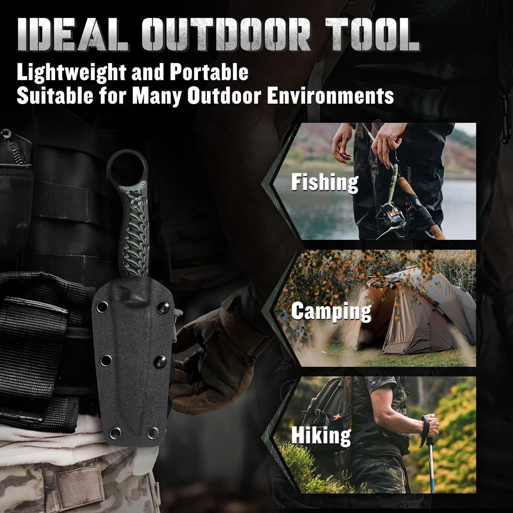 DRGSKL Tanto Fixed Blade Knife - Full Tang Survival Knife for Bushcraft - Camping Knives with Sheath - Black Knives Forged from a Single Piece of D2 Steel - Ideal Gift for Men - Green