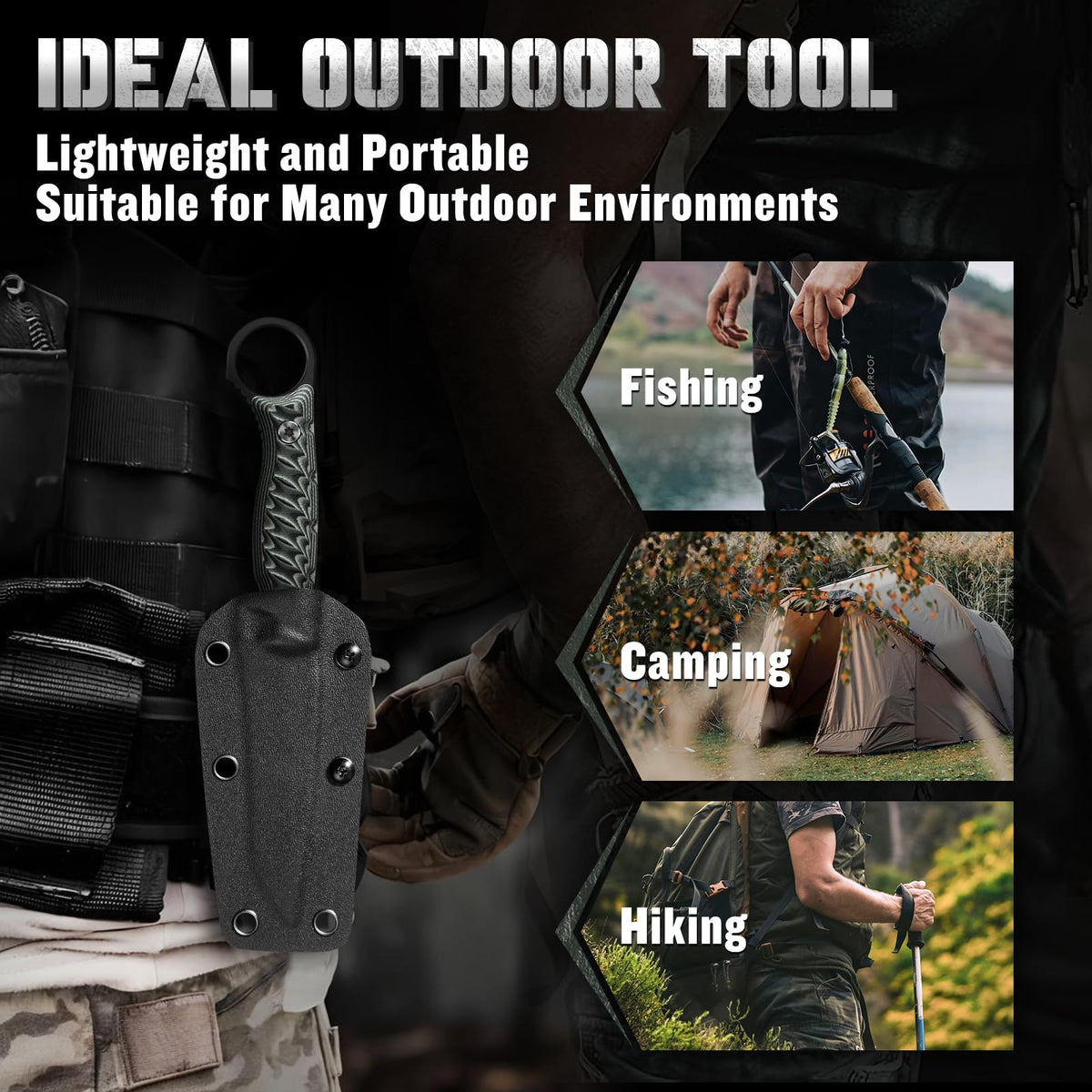 DRGSKL Tanto Fixed Blade Knife - Full Tang Survival Knife for Bushcraft - Camping Knives with Sheath - Black Knives Forged from a Single Piece of D2 Steel - Ideal Gift for Men - Green