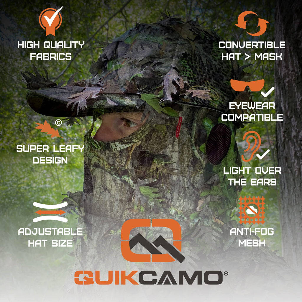 QuikCamo Realtree Xtra 2-in-1 3D Leafy Camo Face Mask + Hat Turkey Hunting Gear (Adjustable, One Size Fits Most)