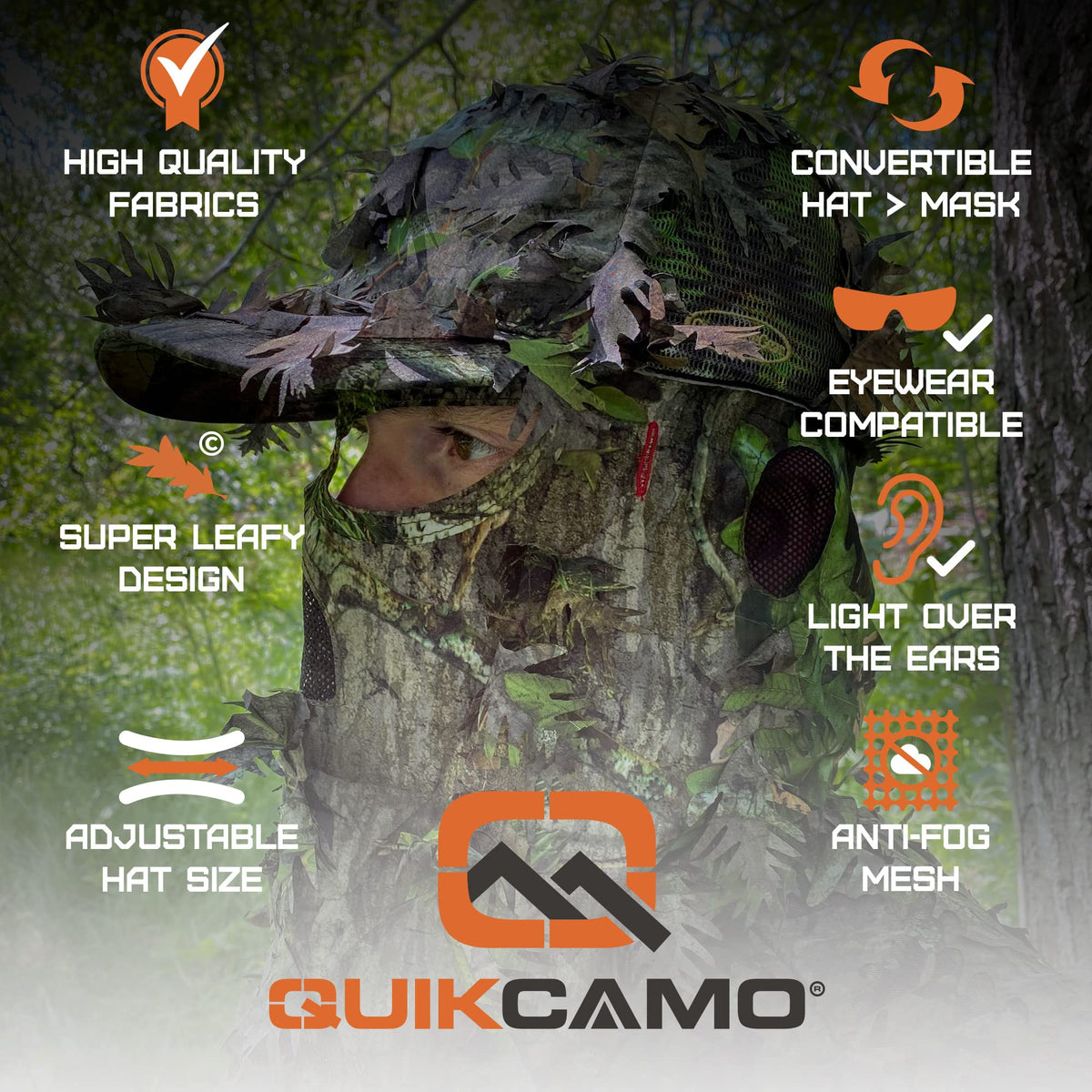 QuikCamo Realtree Xtra 2-in-1 3D Leafy Camo Face Mask + Hat Turkey Hunting Gear (Adjustable, One Size Fits Most)