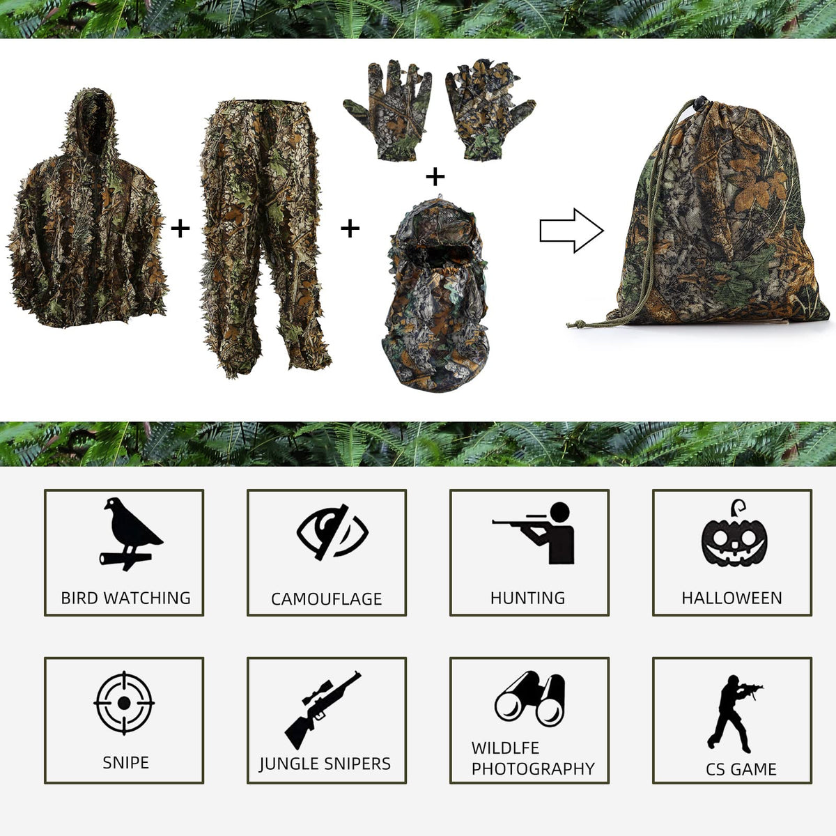 Zicac Outdoor Camo Ghillie Suit 3D Leafy Camouflage Clothing Jungle Woodland Hunting (Dark Green, Height 4.9-5.9 ft)