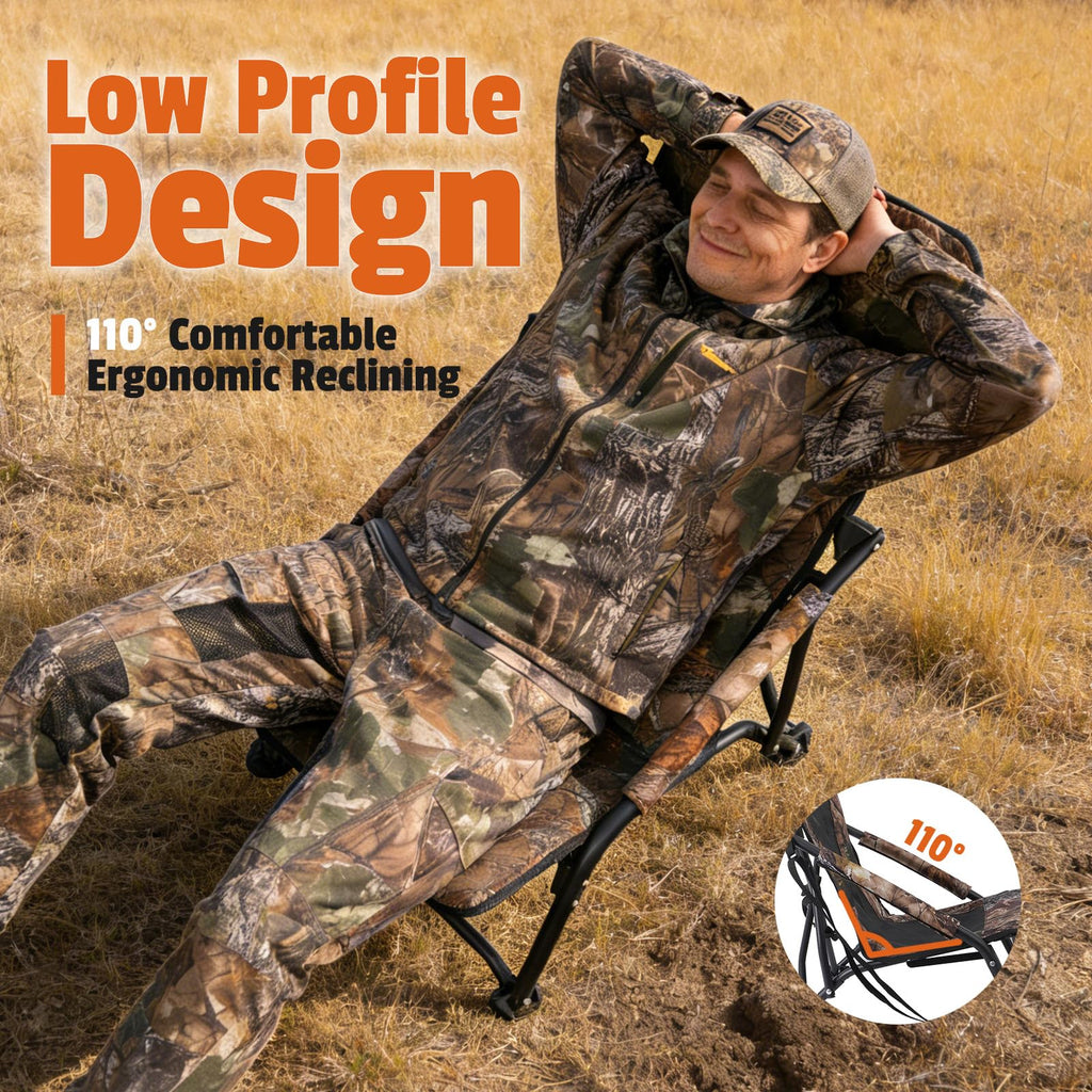 FUNHORUN Turkey Chair for Hunting, Low Profile Hunting Chair with Camouflage Carrying Bag, Camo Foldable Turkey Seat & Camping Lounger, Breathable Base & Portable Design