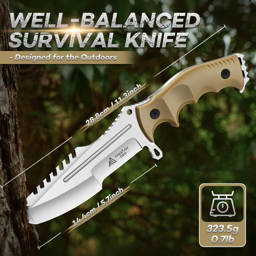Freelander Fixed Blade Knife with Sheath, Full Tang D2 Steel Survival Knife, Camping Bushcraft Knives with Ergonomic Handle, Outdoor Knives for Men