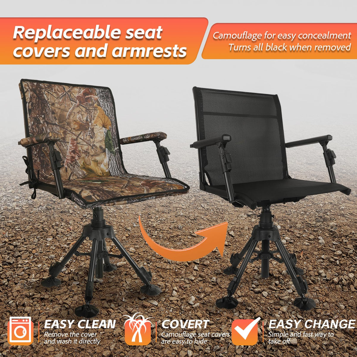 FUNHORUN Hunting Chair with Removable Camouflage Cover, 360 Degree Silent Swivel Hunting Seat with Adjustable 4 Legs Height and Armrests, Tool-Free Foldable Ground Blind Chair, Portable Seat