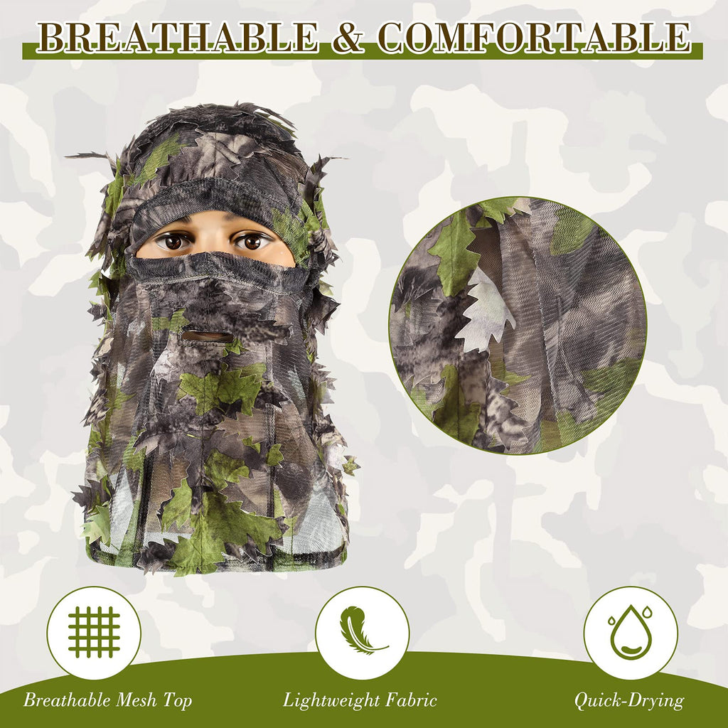 Sintege 3 Pieces 3D Camo Turkey Hunting Face Mask Camouflage Leafy Hat Ghillie Face Covering 3D Full Cover Camo Headwear Turkey Hunting Gear Accessories