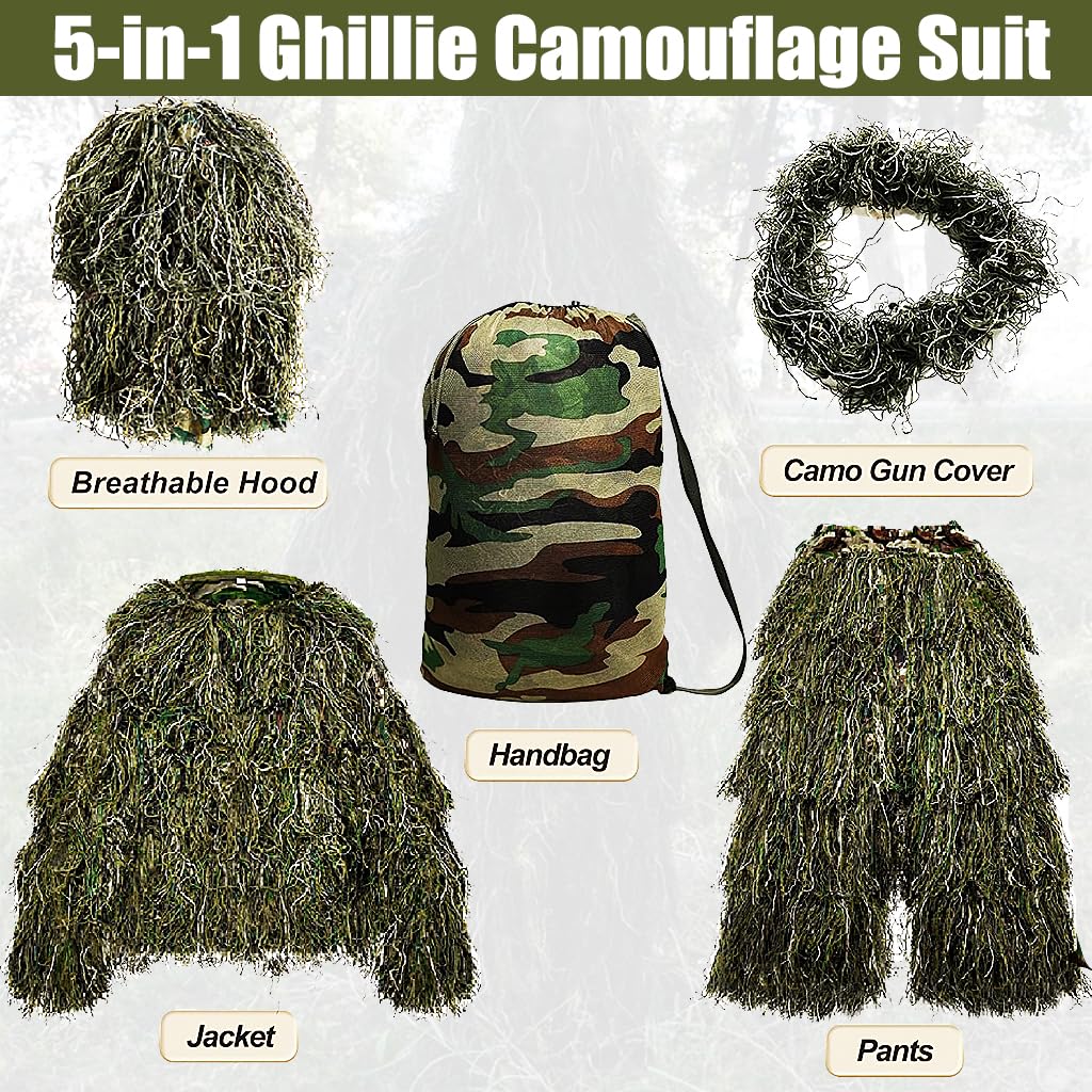 MOPHOTO 5 in 1 Ghillie Suit 3D Camouflage Hunting Suits - Jacket, Pants, Hood, Carry Bag for Youth & Adults M/L/XL/XXL