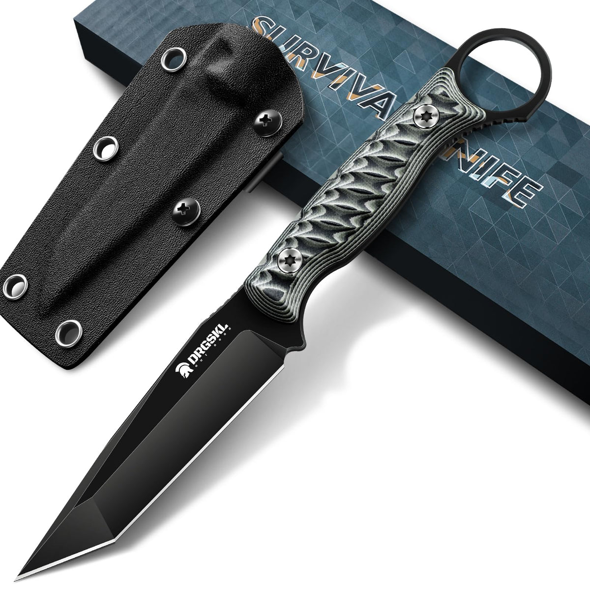 DRGSKL Tanto Fixed Blade Knife - Full Tang Survival Knife for Bushcraft - Camping Knives with Sheath - Black Knives Forged from a Single Piece of D2 Steel - Ideal Gift for Men - Green
