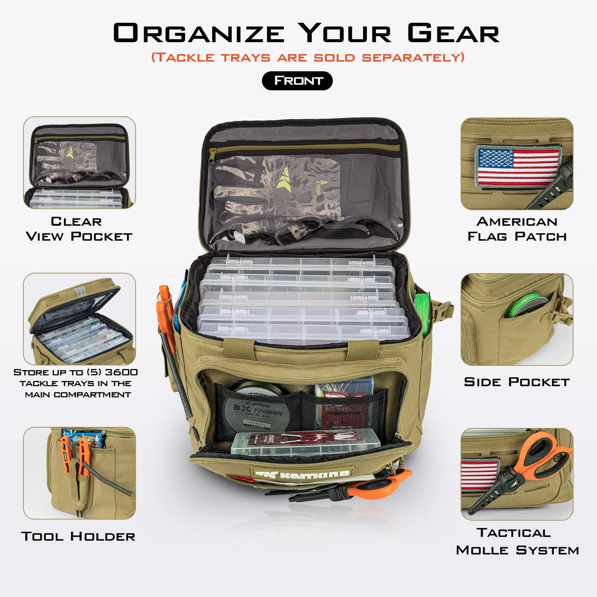 KastKing Karryall Fishing Tackle Bags for Saltwater or Freshwater Fishing - Water Resistant Material - Fishing Gear Storage - Medium Khaki
