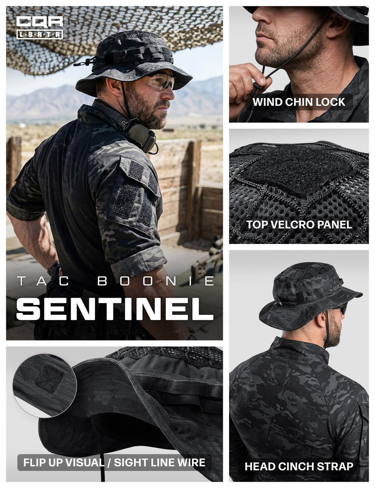 CQR Men's Tactical Boonie Hat, Breathable Packable Sun Hat for Hunting, Hiking, Fishing, Shooting, and Outdoor Activities, Sentinel Utility Camo Black, Small-Medium