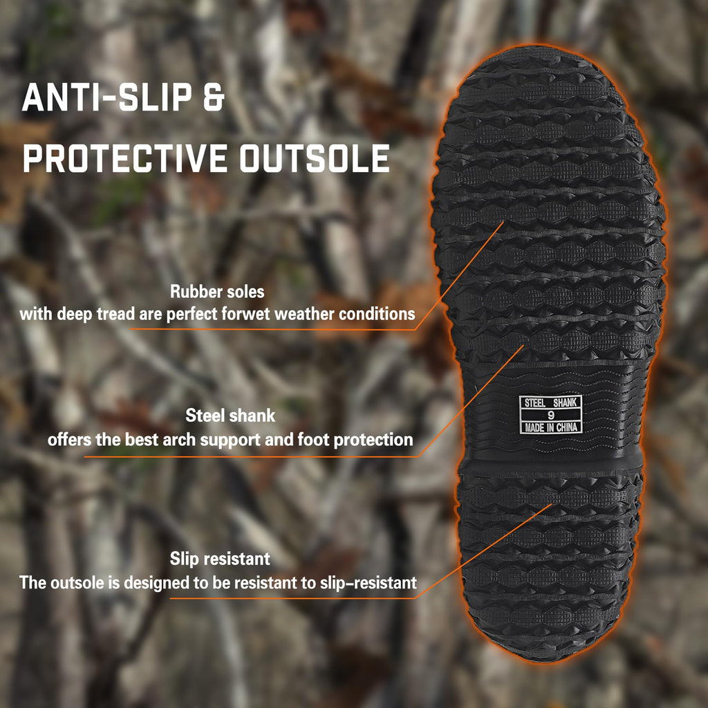 GIEESHIELD Rubber Boots for Men And Women, Waterproof Insulated Hunting & Work Boots with Steel Shank, Durable Anti-Slip Outdoor Boots for Farming, Gardening, Fishing, Mud Working(Black, Next G2 Camo)