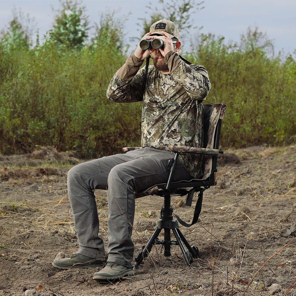 FUNHORUN Hunting Chair with Removable Camouflage Cover, 360 Degree Silent Swivel Hunting Seat with Adjustable 4 Legs Height and Armrests, Tool-Free Foldable Ground Blind Chair, Portable Seat