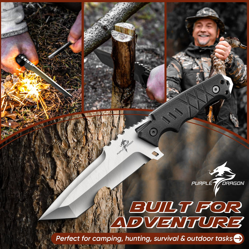 Purple Dragon Fixed Blade Knife with Kydex Sheath - D2 Steel Survival Knives for Camping, Bushcraft - Ergonomic G10 Handle Outdoor Survival Gear Christmas Gift for Men and Women