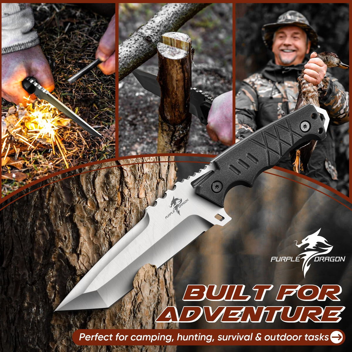 Purple Dragon Fixed Blade Knife with Kydex Sheath - D2 Steel Survival Knives for Camping, Bushcraft - Ergonomic G10 Handle Outdoor Survival Gear Christmas Gift for Men and Women