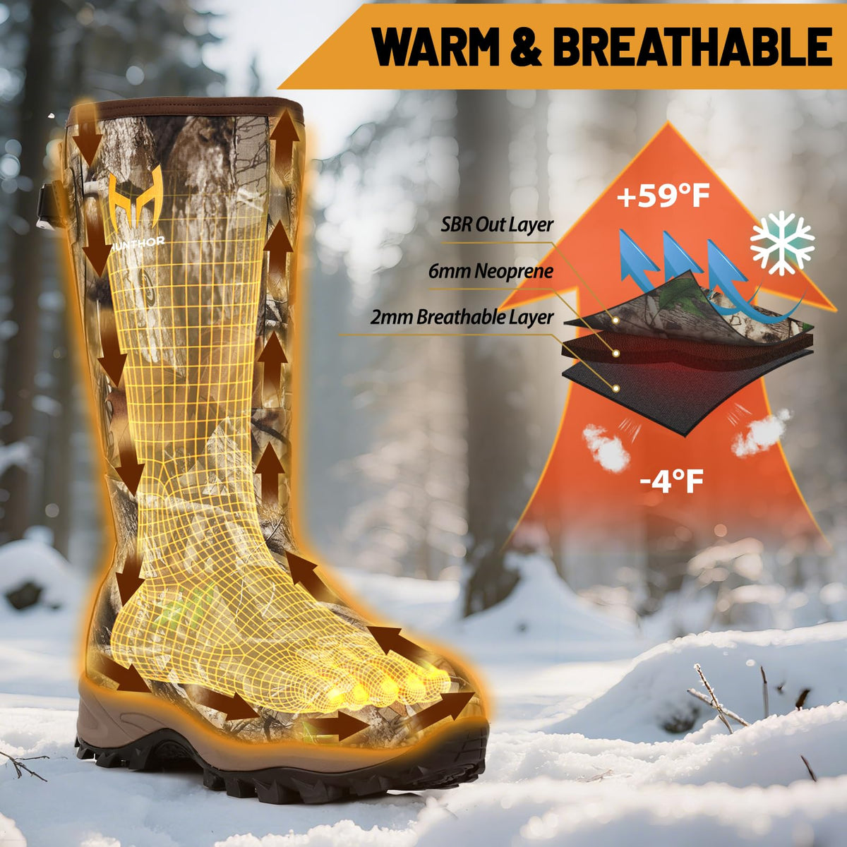 Hunthor Hunting Boots for Men, Waterproof Insulated 6mm Neoprene Rubber Boots for Hunting and Outdoor Activities (Next Camo, Size 7)
