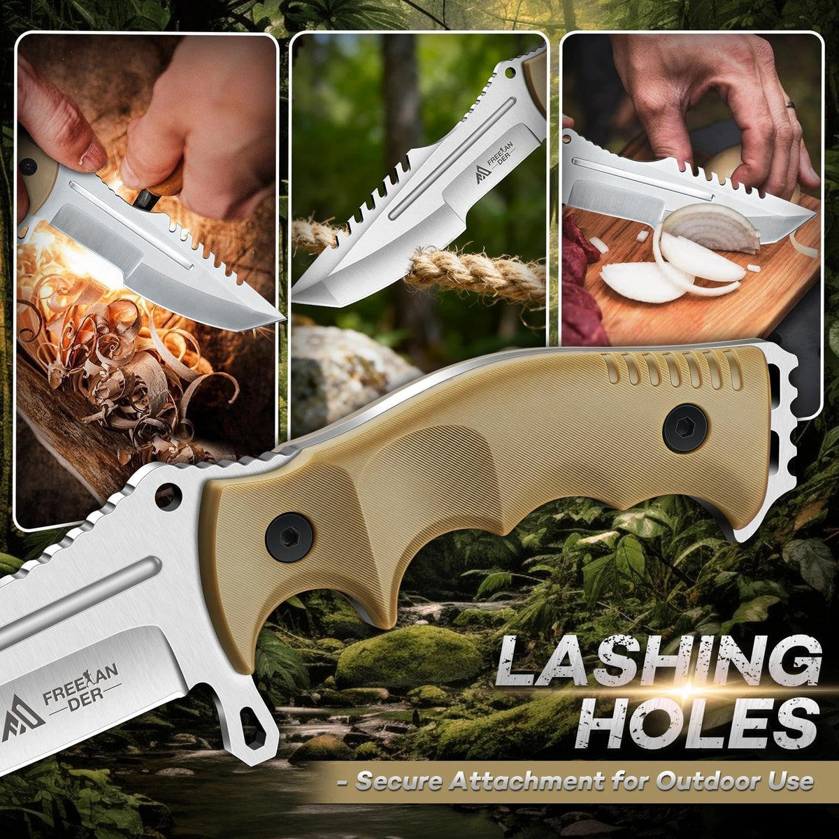 Freelander Fixed Blade Knife with Sheath, Full Tang D2 Steel Survival Knife, Camping Bushcraft Knives with Ergonomic Handle, Outdoor Knives for Men