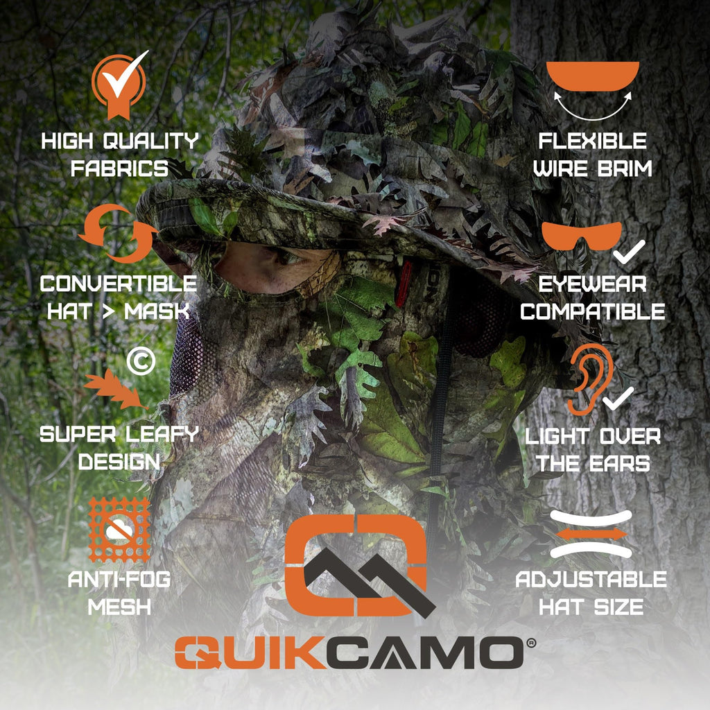 QuikCamo Men’s Mossy Oak Obsession 3D Leafy Camo Bucket Hat with Built-In Face Mask for Turkey Hunting - Adjustable Size