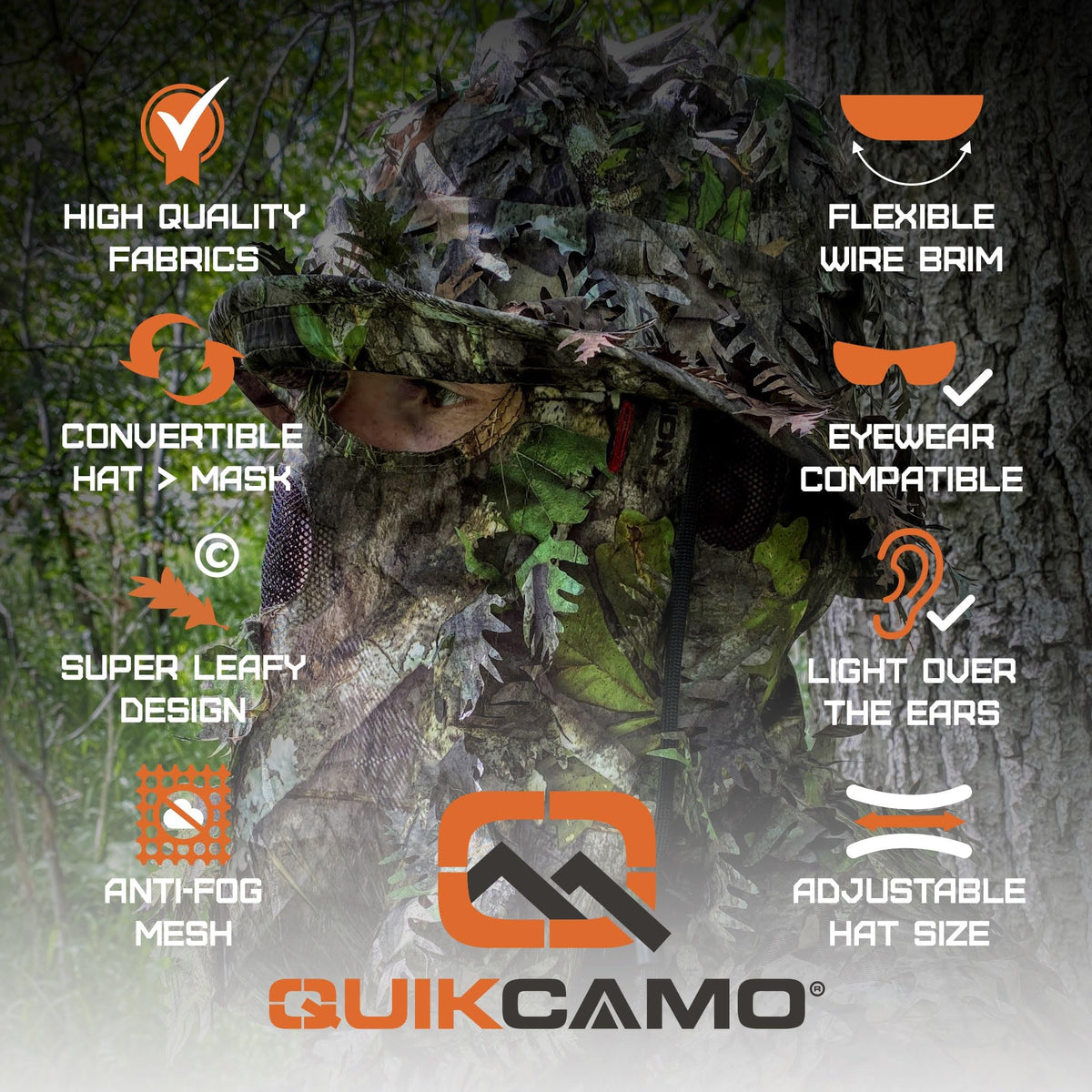 QuikCamo Men’s Mossy Oak Obsession 3D Leafy Camo Bucket Hat with Built-In Face Mask for Turkey Hunting - Adjustable Size