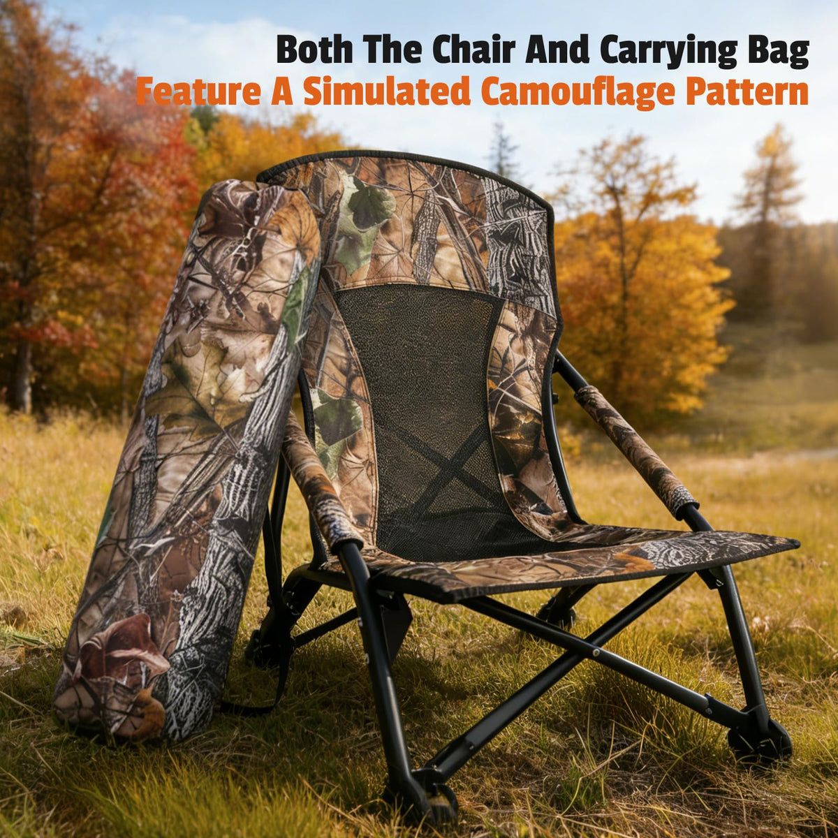 FUNHORUN Turkey Chair for Hunting, Low Profile Hunting Chair with Camouflage Carrying Bag, Camo Foldable Turkey Seat & Camping Lounger, Breathable Base & Portable Design