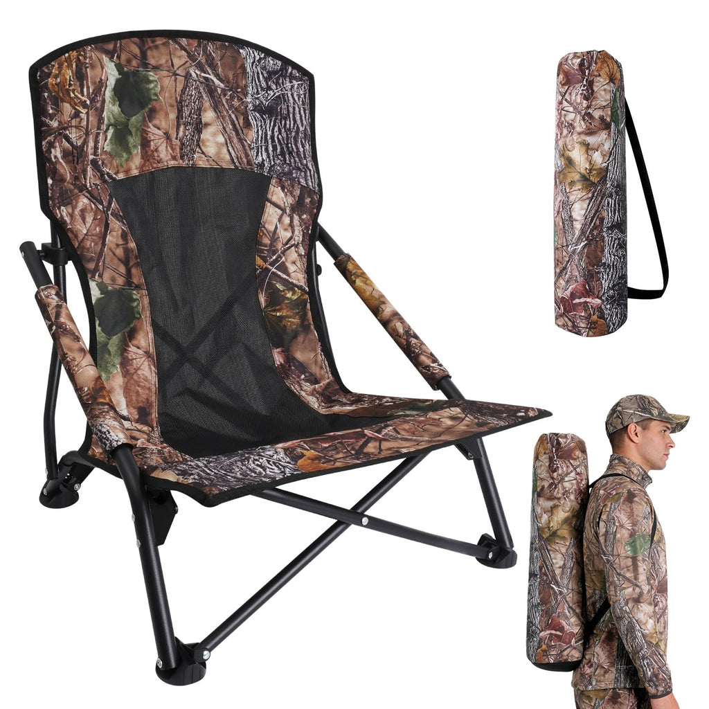 FUNHORUN Turkey Chair for Hunting, Low Profile Hunting Chair with Camouflage Carrying Bag, Camo Foldable Turkey Seat & Camping Lounger, Breathable Base & Portable Design