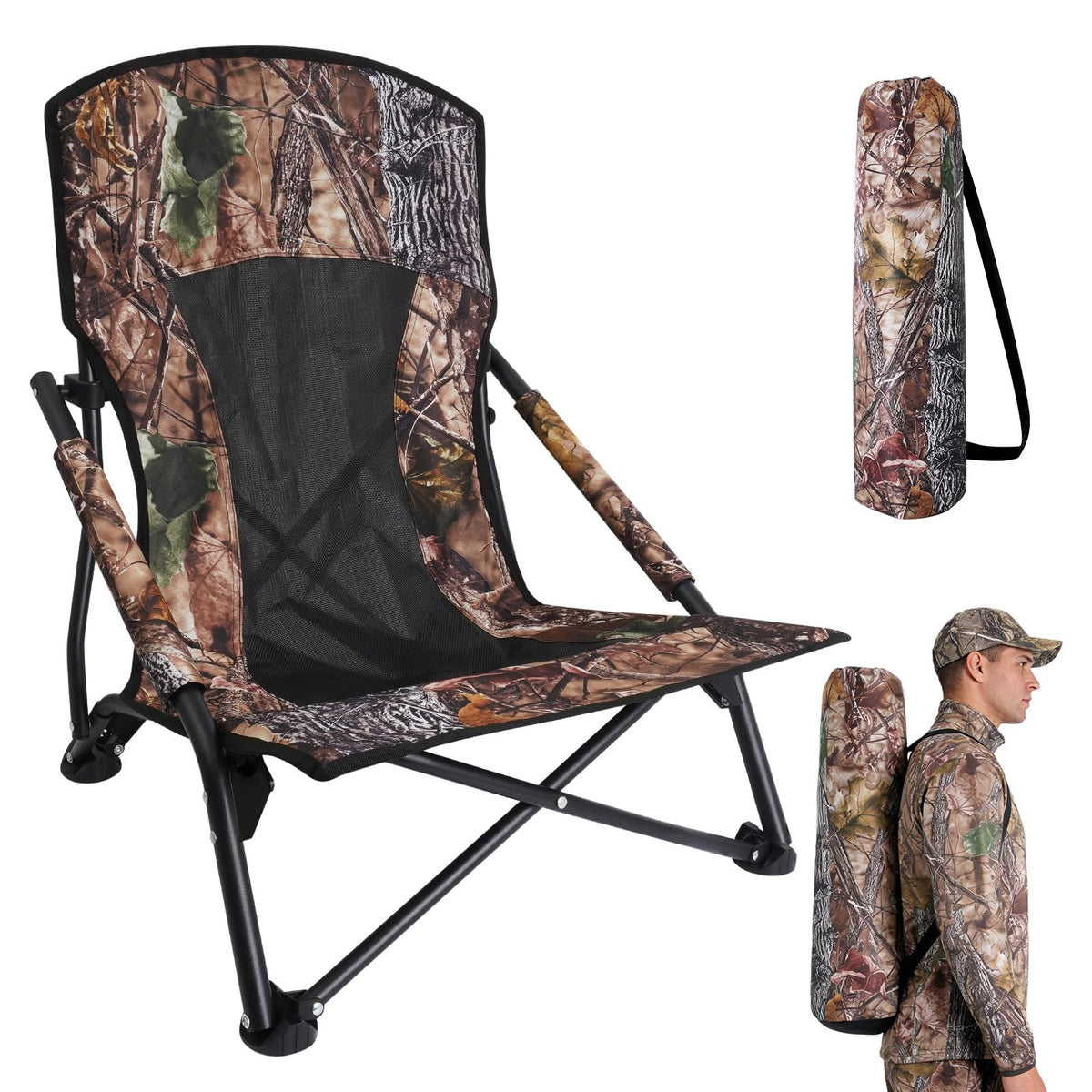 FUNHORUN Turkey Chair for Hunting, Low Profile Hunting Chair with Camouflage Carrying Bag, Camo Foldable Turkey Seat & Camping Lounger, Breathable Base & Portable Design