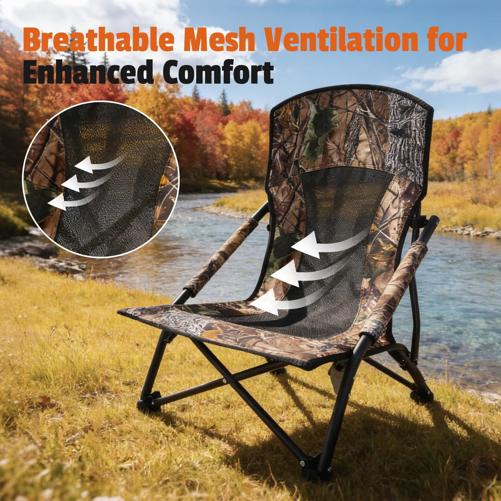 FUNHORUN Turkey Chair for Hunting, Low Profile Hunting Chair with Camouflage Carrying Bag, Camo Foldable Turkey Seat & Camping Lounger, Breathable Base & Portable Design