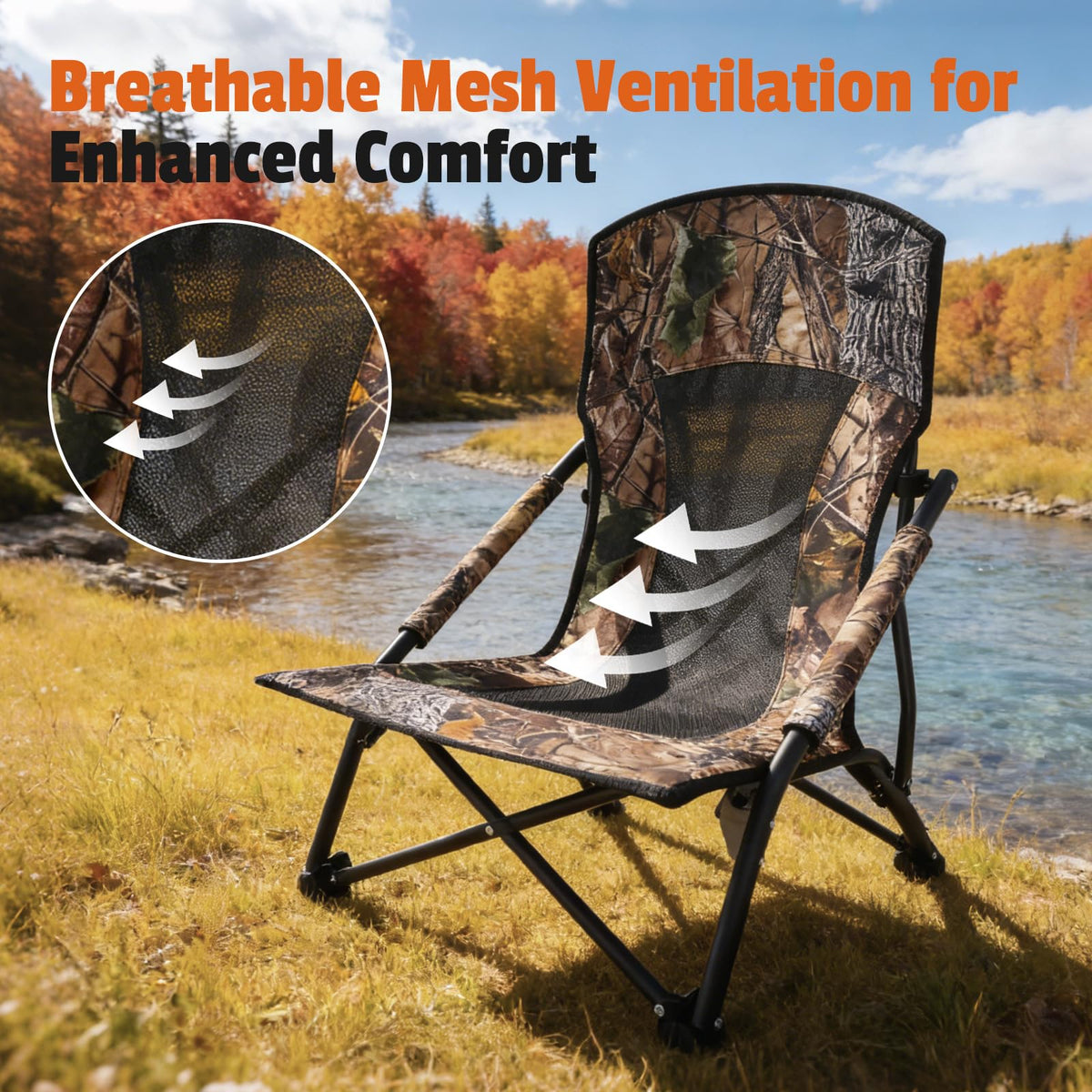 FUNHORUN Turkey Chair for Hunting, Low Profile Hunting Chair with Camouflage Carrying Bag, Camo Foldable Turkey Seat & Camping Lounger, Breathable Base & Portable Design