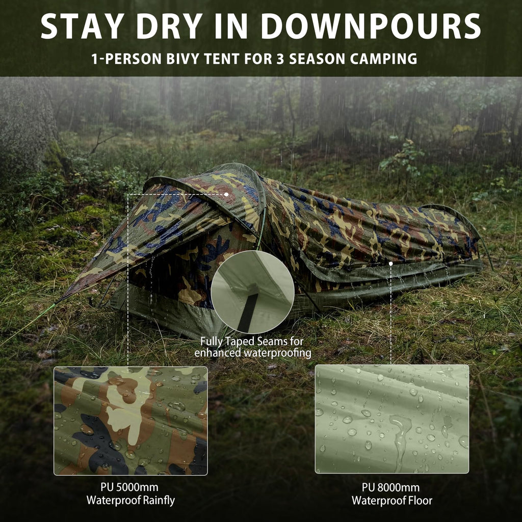 GEERTOP Ultralight 1 Person Bivy Tent for Camp Waterproof Single Man Tent for Camping Hiking Backpacking Hunting Outdoor Survival Gear - Easy Set Up