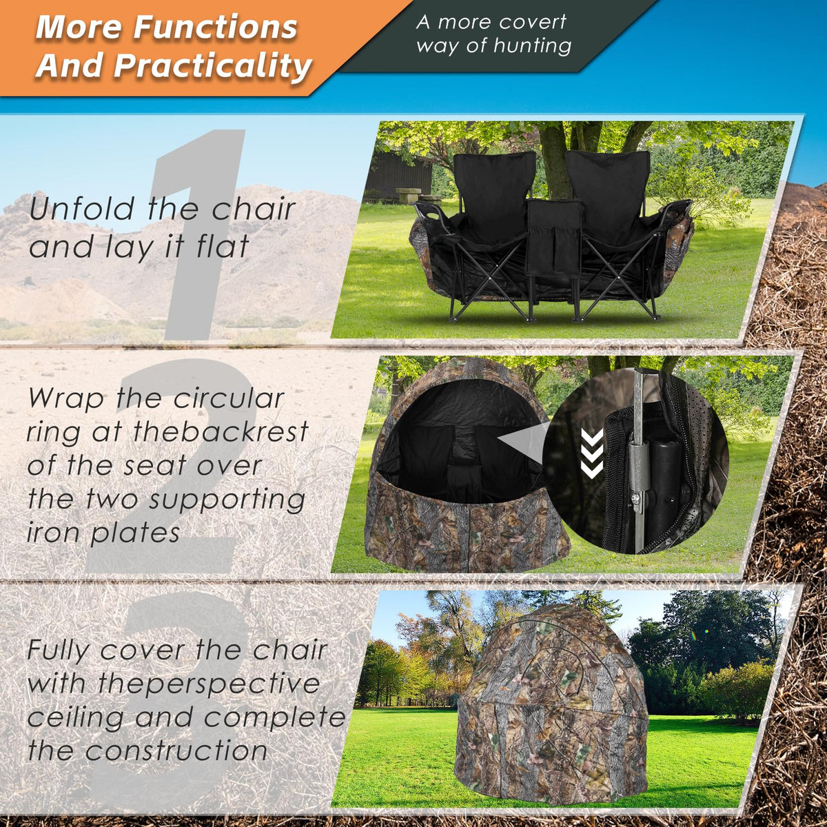 FUNHORUN Hunting Chair Blind, 2 Man See Through Ground Blind, Portable 2 Person Camouflage Chair Tent with Carrying Bag