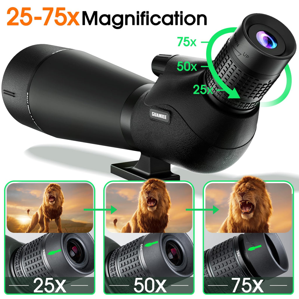 GUANIEE 25-75x80 Spotting Scope for Target Shooting with Upgraded Tripod Carrying Bag and Phone Adapter Spotter Scope for Bird Watching, Wildlife Viewing Camo