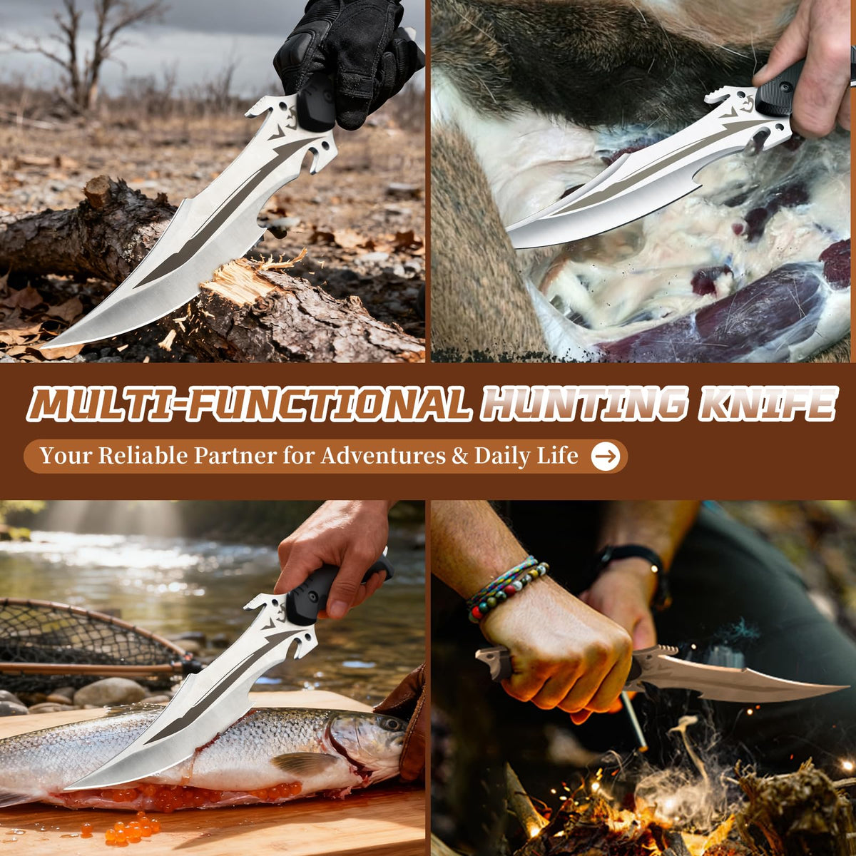 Purple Dragon Fixed Blade Knife with Sheath,440C Steel Full Tang Bushcraft Knife with G10 Handle for Camping, Hiking,Survival & Outdoor Use – Great Gift for Men