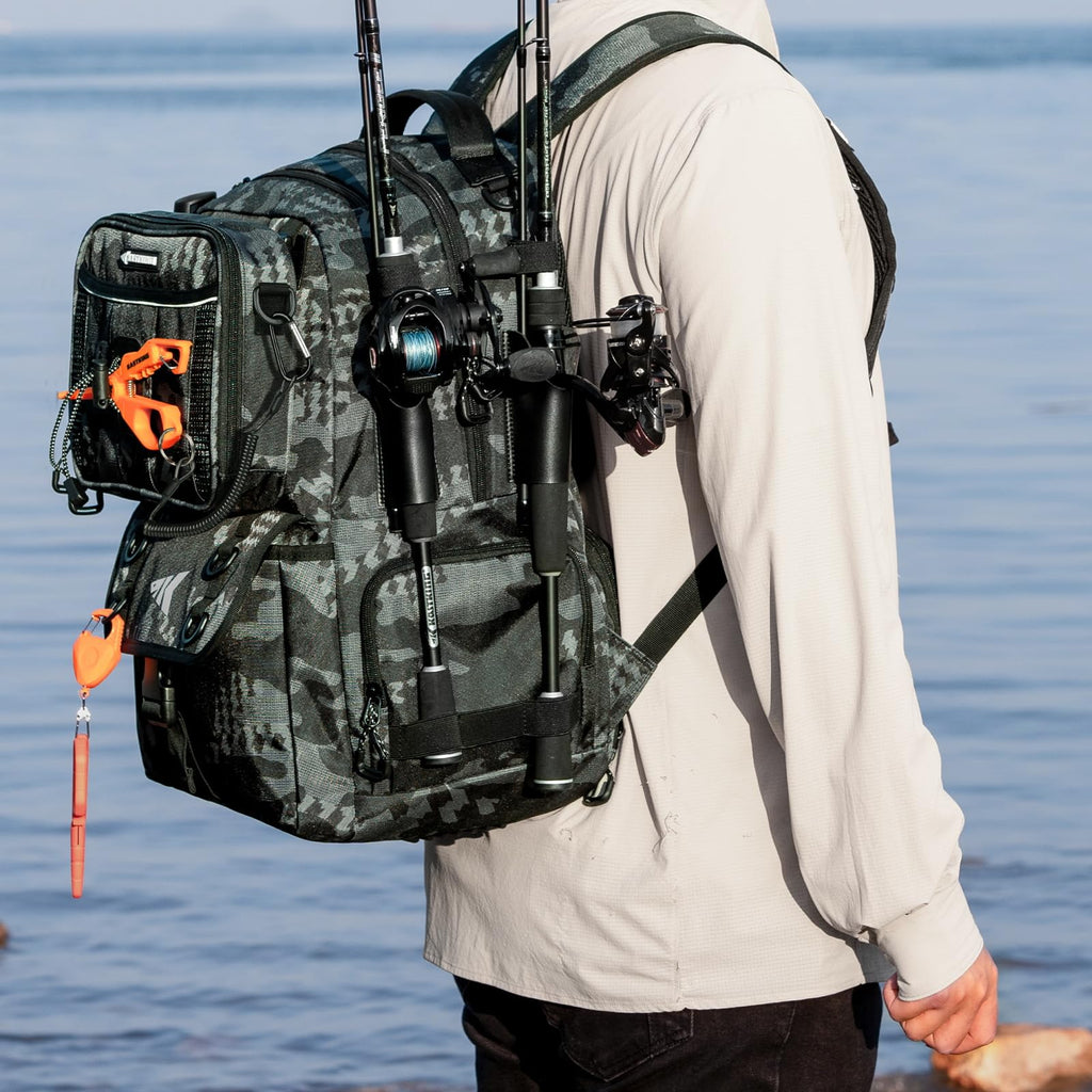 KastKing BaitSpace 50L Fishing Tackle Backpack with Removable Bait Binder & 4 Tackle Boxes,2 Rod Holders Storage Fishing Gear and Equipment,Black Camo