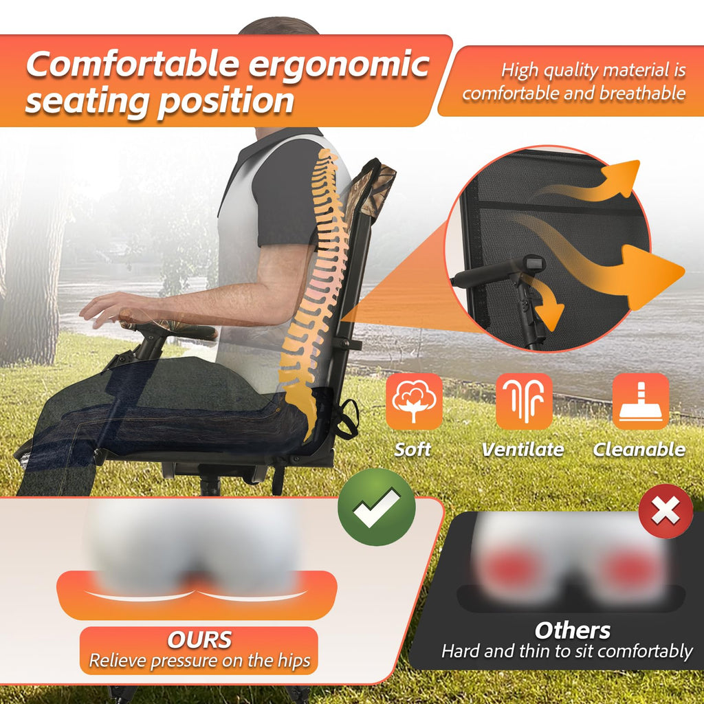 FUNHORUN Hunting Chair with Removable Camouflage Cover, 360 Degree Silent Swivel Hunting Seat with Adjustable 4 Legs Height and Armrests, Tool-Free Foldable Ground Blind Chair, Portable Seat