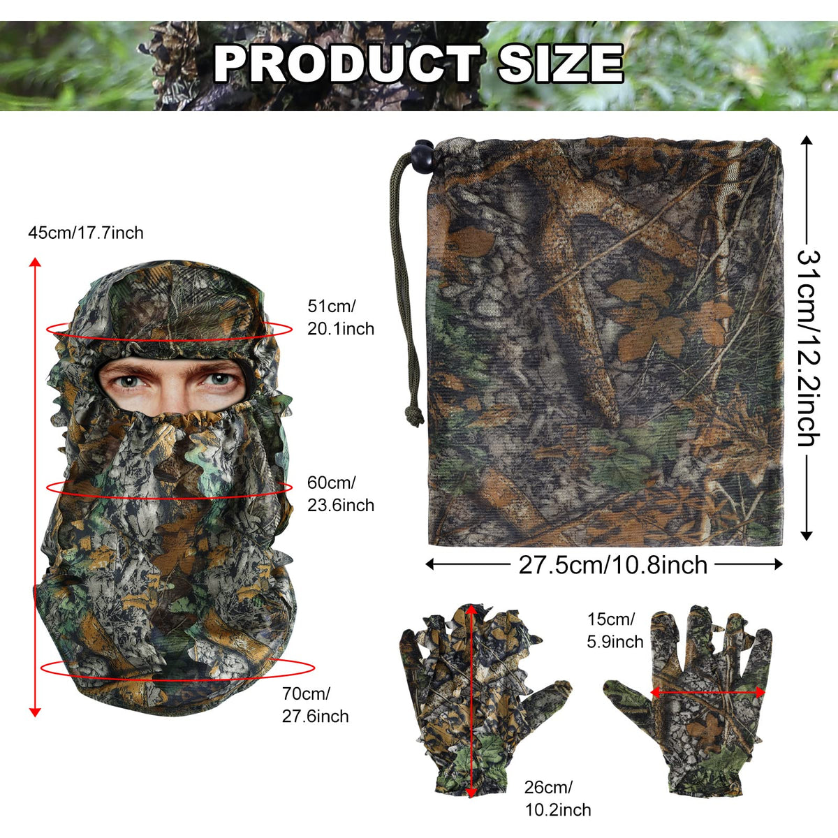 Zicac Outdoor Camo Ghillie Suit 3D Leafy Camouflage Clothing Jungle Woodland Hunting (Dark Green, Height 4.9-5.9 ft)