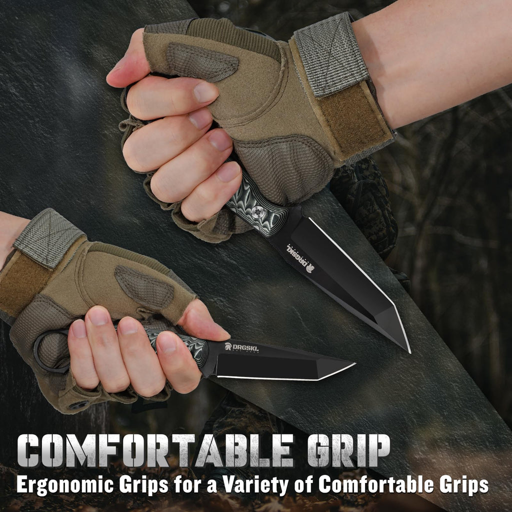 DRGSKL Tanto Fixed Blade Knife - Full Tang Survival Knife for Bushcraft - Camping Knives with Sheath - Black Knives Forged from a Single Piece of D2 Steel - Ideal Gift for Men - Green