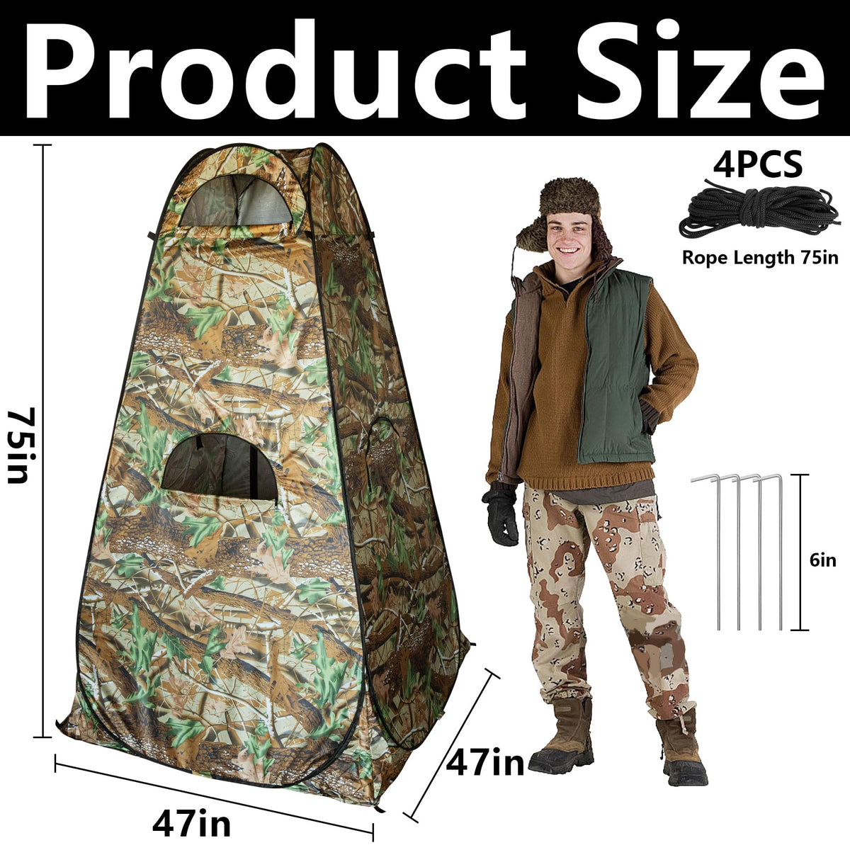 RunNico Hunting Blind - 75''x47''x47'' 1-Person Ground Blind with Zipper Windows, Portable Camouflage Tent for Outdoor Deer Hunting