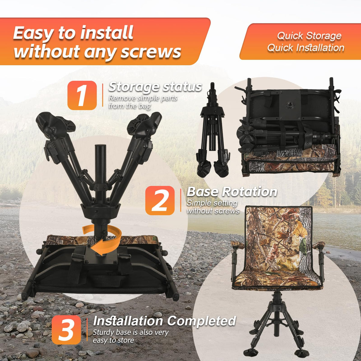 FUNHORUN Hunting Chair with Removable Camouflage Cover, 360 Degree Silent Swivel Hunting Seat with Adjustable 4 Legs Height and Armrests, Tool-Free Foldable Ground Blind Chair, Portable Seat