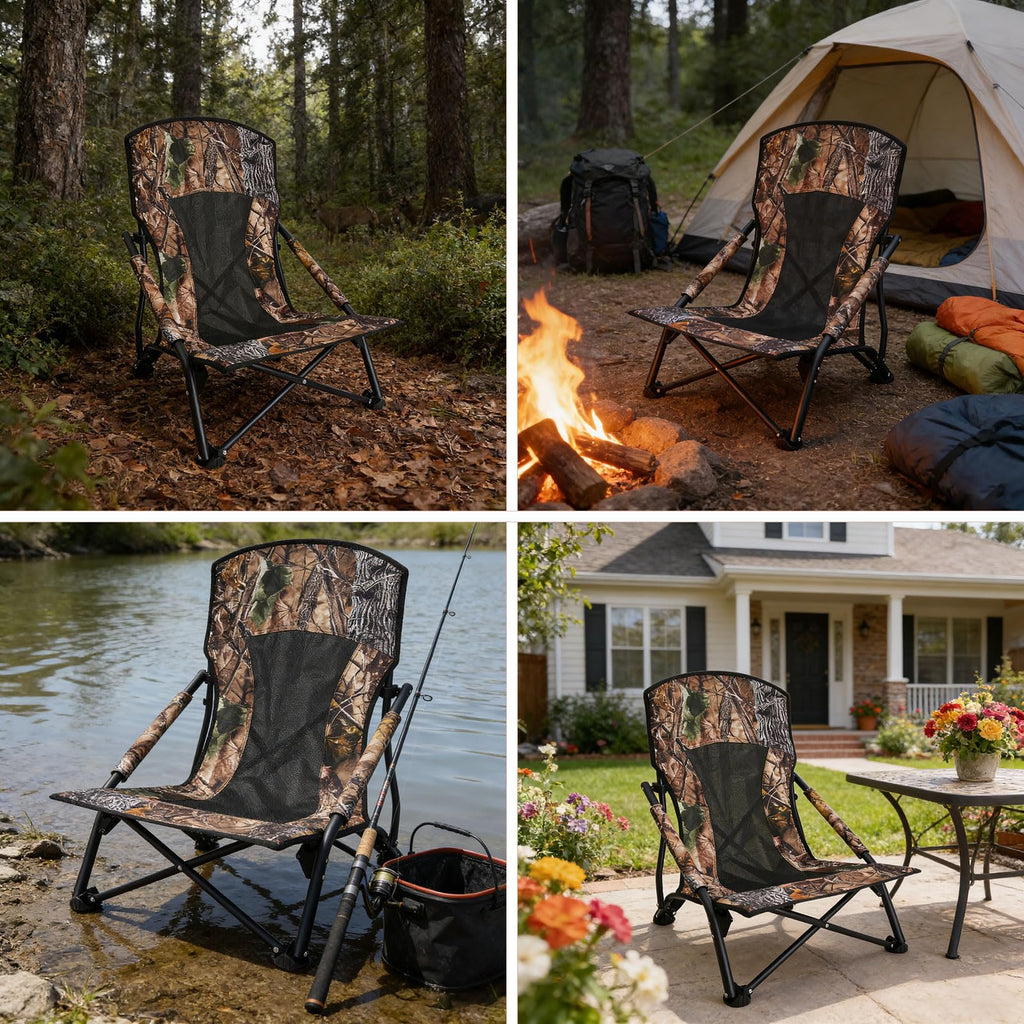 FUNHORUN Turkey Chair for Hunting, Low Profile Hunting Chair with Camouflage Carrying Bag, Camo Foldable Turkey Seat & Camping Lounger, Breathable Base & Portable Design