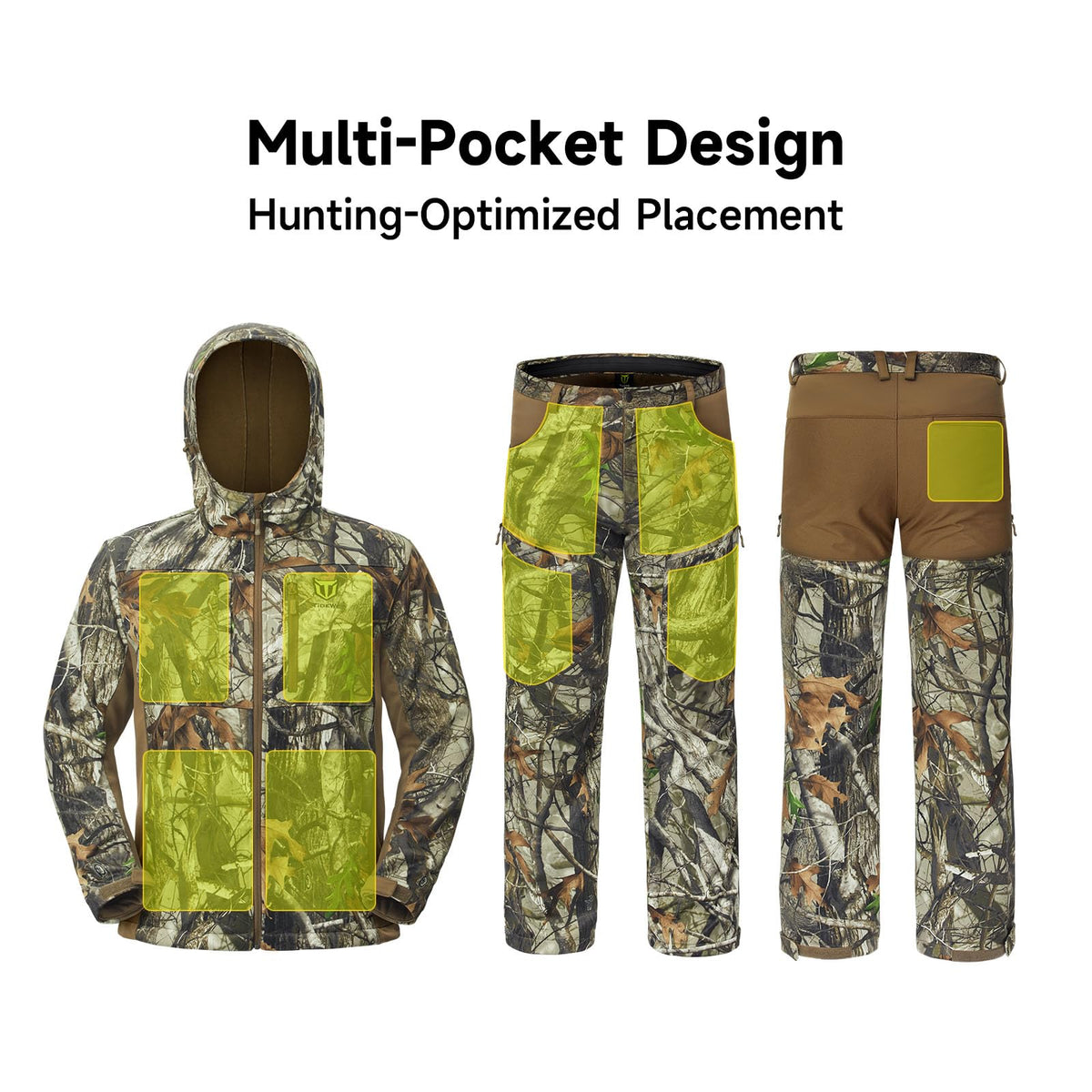 TIDEWE Hunting Clothes for Men with Fleece Lining, Safety Strap Compatible Water Resistant Silent Jacket and Pants, Hunting Suit for Climbing Hiking Trekking Camping (Next Camo G2 Size L)