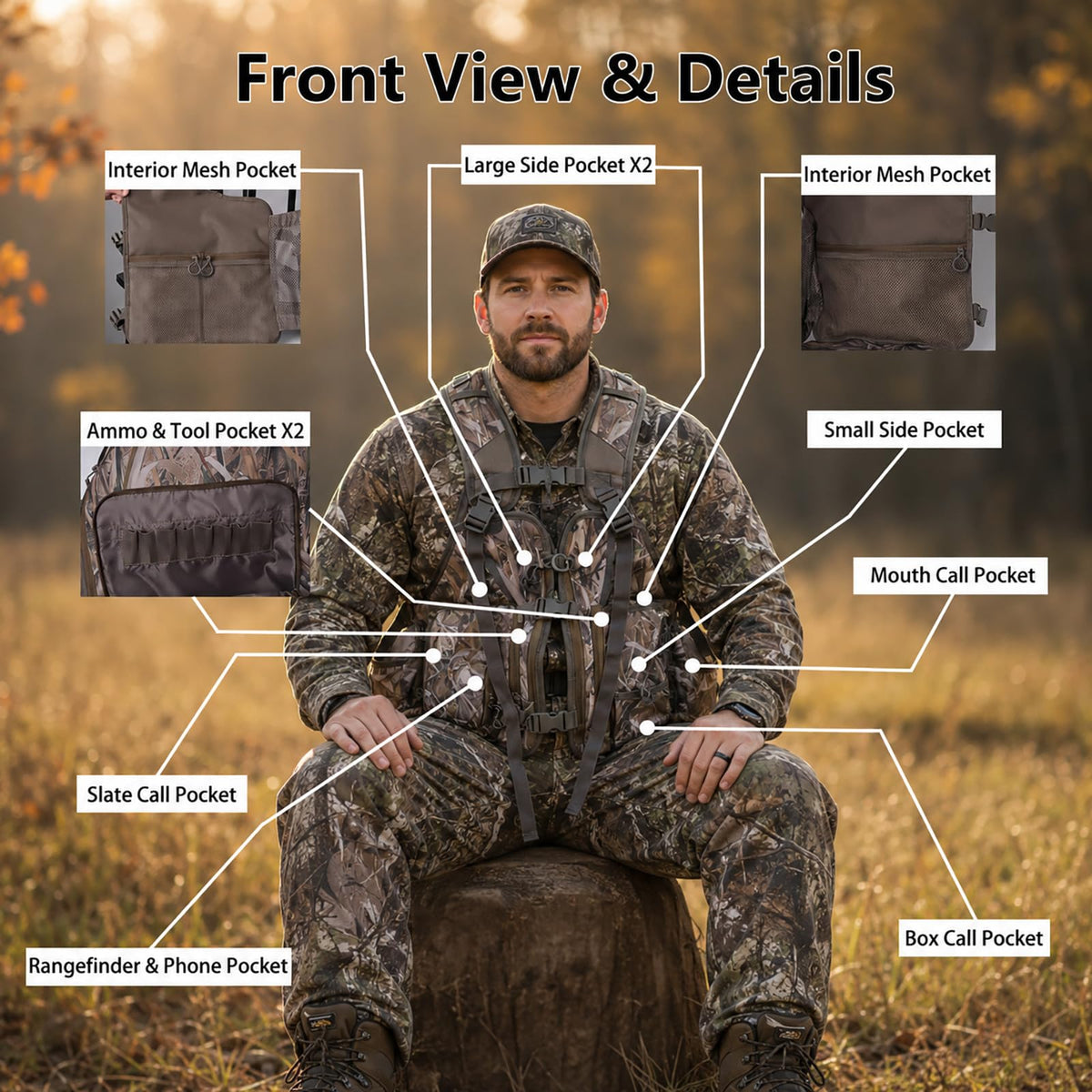 FUNHORUN Turkey Vest with Kickstand and Seat Cushion, Camo Turkey Hunting Vest with Detachable Adjustable Legs Kickstand, Game Pouch, Built-in Seat Frame, for Youth, Men, Women