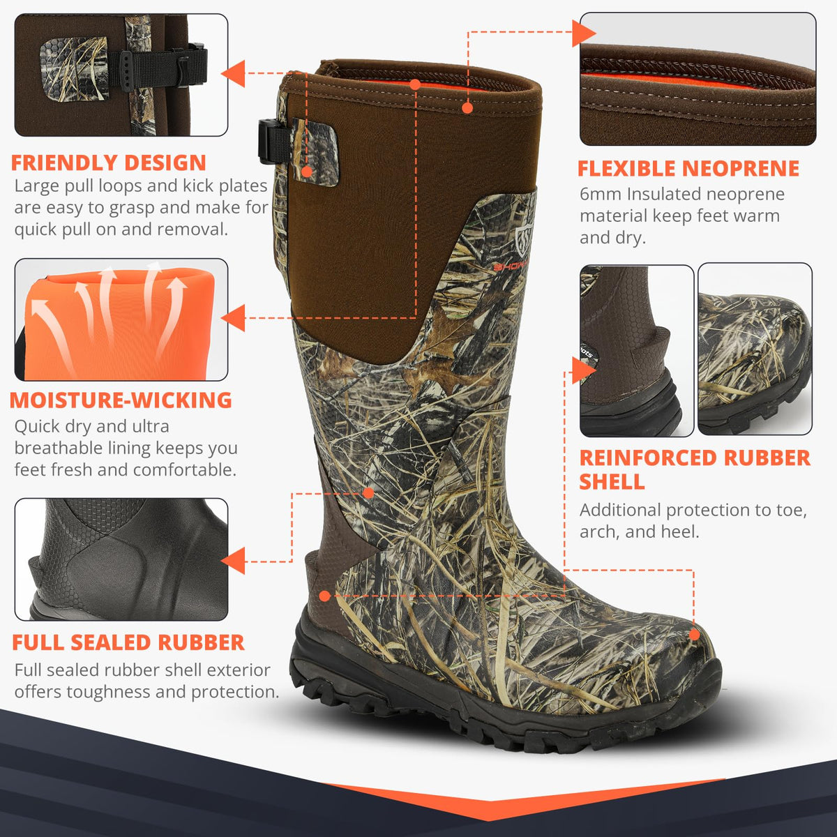Showave Men's Arctic Pro Rubber Hunting Boots with Steel Shank Insulated Rain Boot Waterproof Neoprene Mud Boot Outdoor Snow Working Boots Cold Weather,Size 13,Camo
