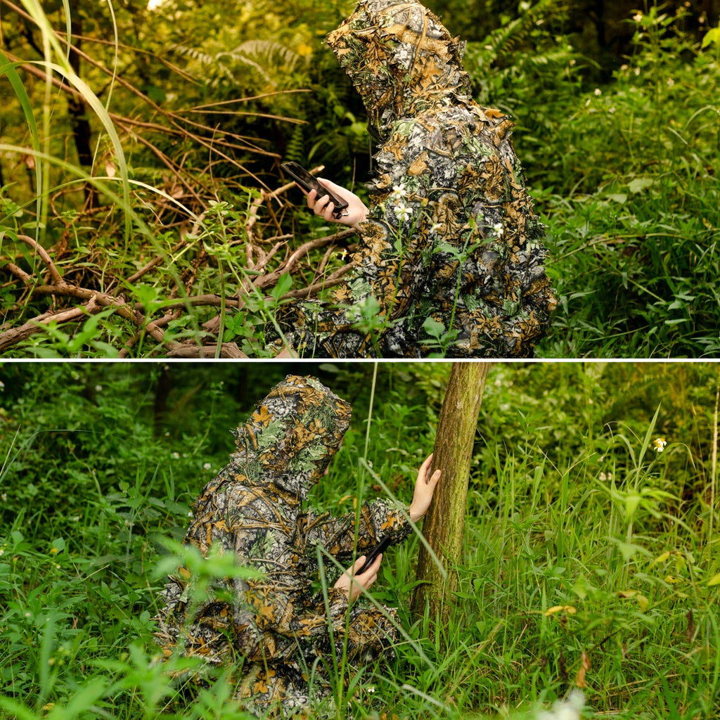 EAmber Ghillie Suit Gilly Hunting Suits Pants 3D Leaf Camo Camouflage Leafy Hat Gloves Full Face Mask Headwear Coveralls Youth Adult Lightweight Clothes