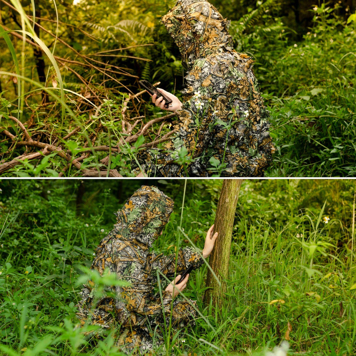 EAmber Ghillie Suit Gilly Hunting Suits Pants 3D Leaf Camo Camouflage Leafy Hat Gloves Full Face Mask Headwear Coveralls Youth Adult Lightweight Clothes