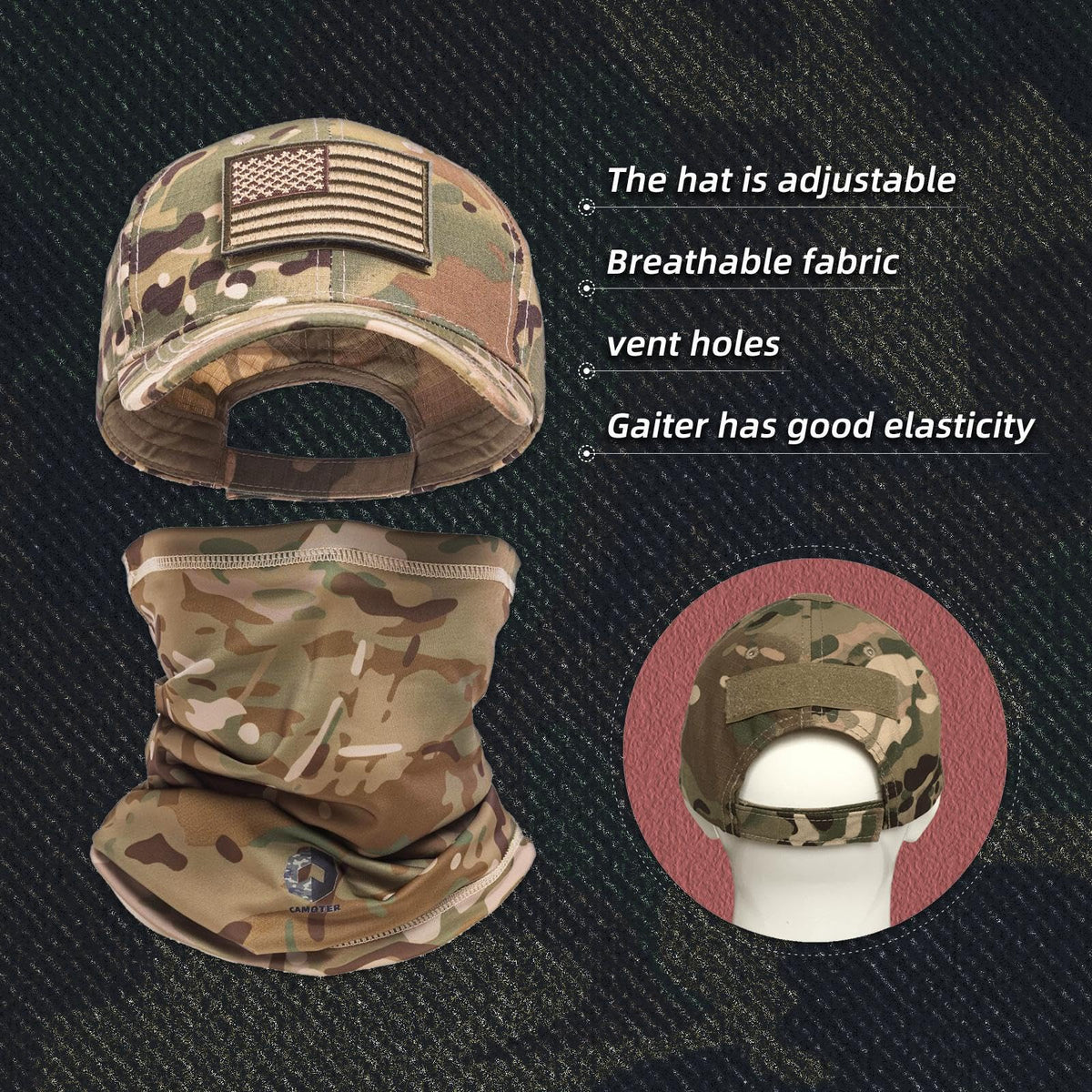 CAMOTER Camo Hat Baseball Cap Camo Face Mask Neck Gaiter with American Flag Patch for Men/Women Outdoors Tactical Military (US, Alpha, One Size, Camo CP All)