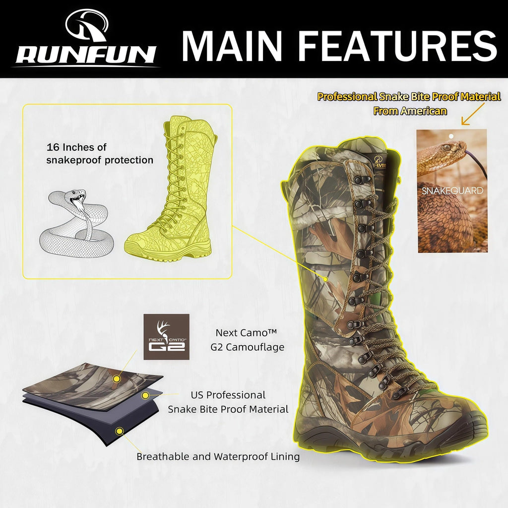 R RUNFUN Men's 16" Snakeproof Hunting Boots Waterproof Side-Zip Mud Boots with Steel Shank, Non-slip Camo Boot for Outdoor Work(RF2010-16GN, Size9)