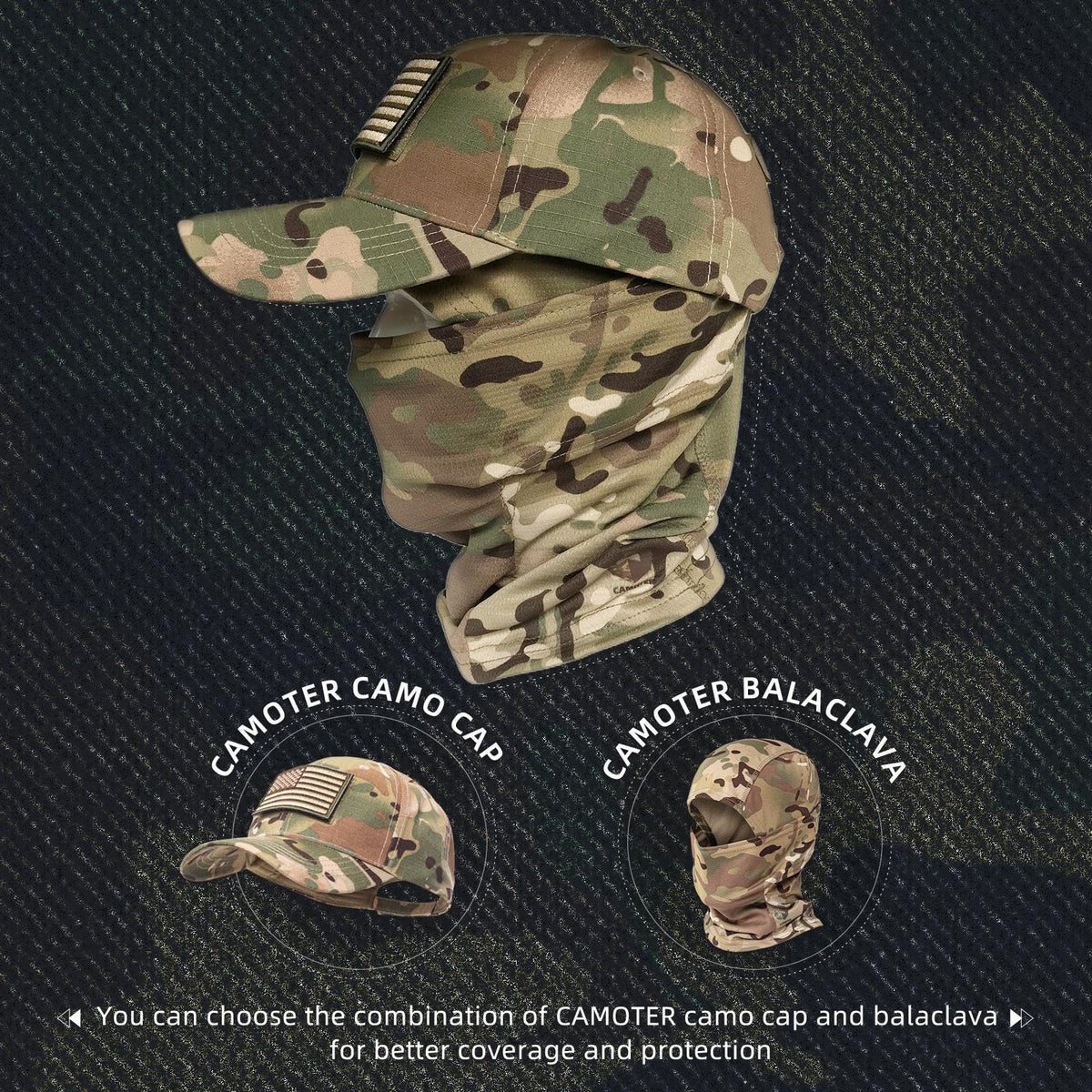 CAMOTER Camo Hat Baseball Cap Camo Face Mask Neck Gaiter with American Flag Patch for Men/Women Outdoors Tactical Military (US, Alpha, One Size, Camo CP All)