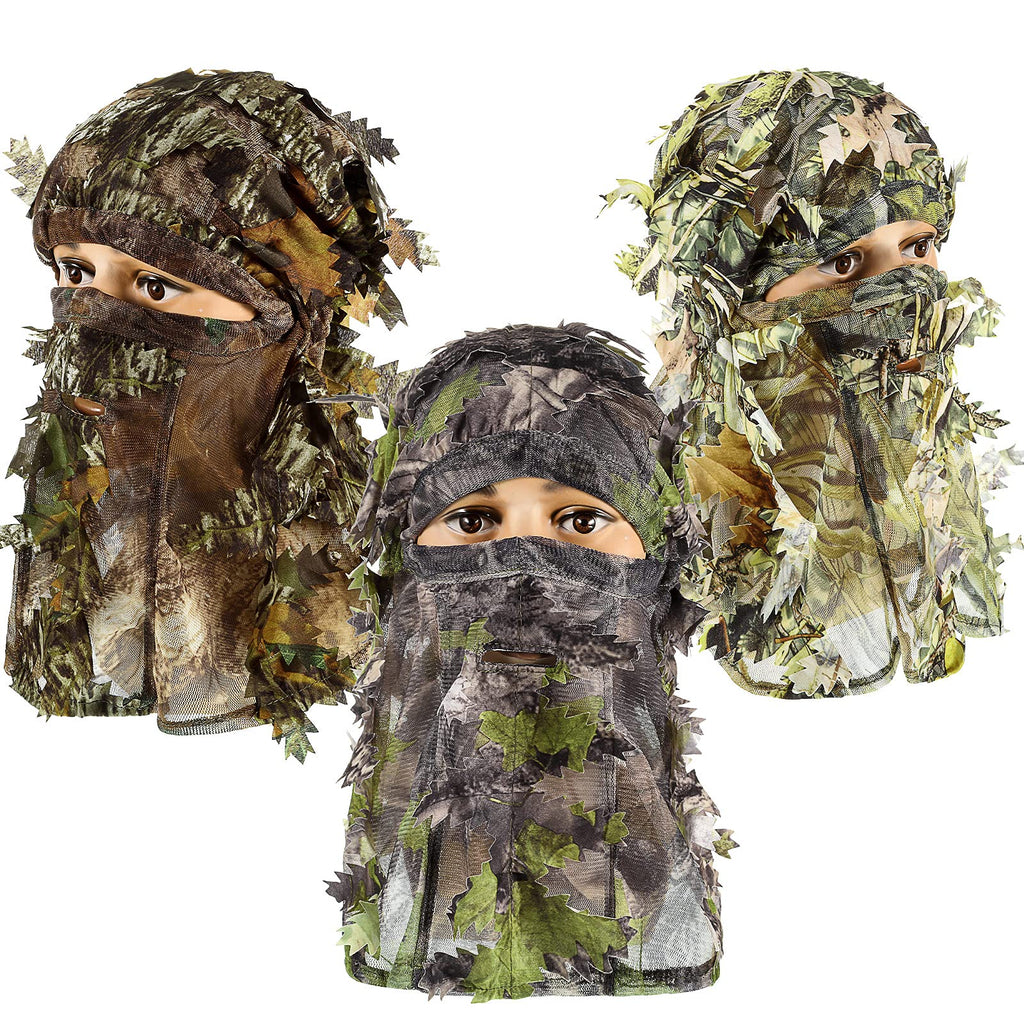 Sintege 3 Pieces 3D Camo Turkey Hunting Face Mask Camouflage Leafy Hat Ghillie Face Covering 3D Full Cover Camo Headwear Turkey Hunting Gear Accessories