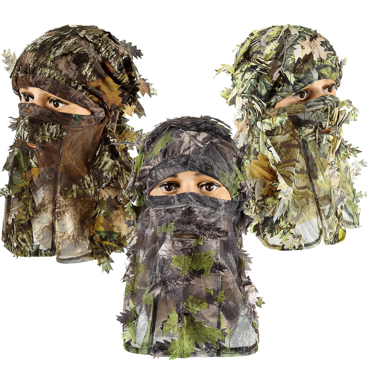 Sintege 3 Pieces 3D Camo Turkey Hunting Face Mask Camouflage Leafy Hat Ghillie Face Covering 3D Full Cover Camo Headwear Turkey Hunting Gear Accessories