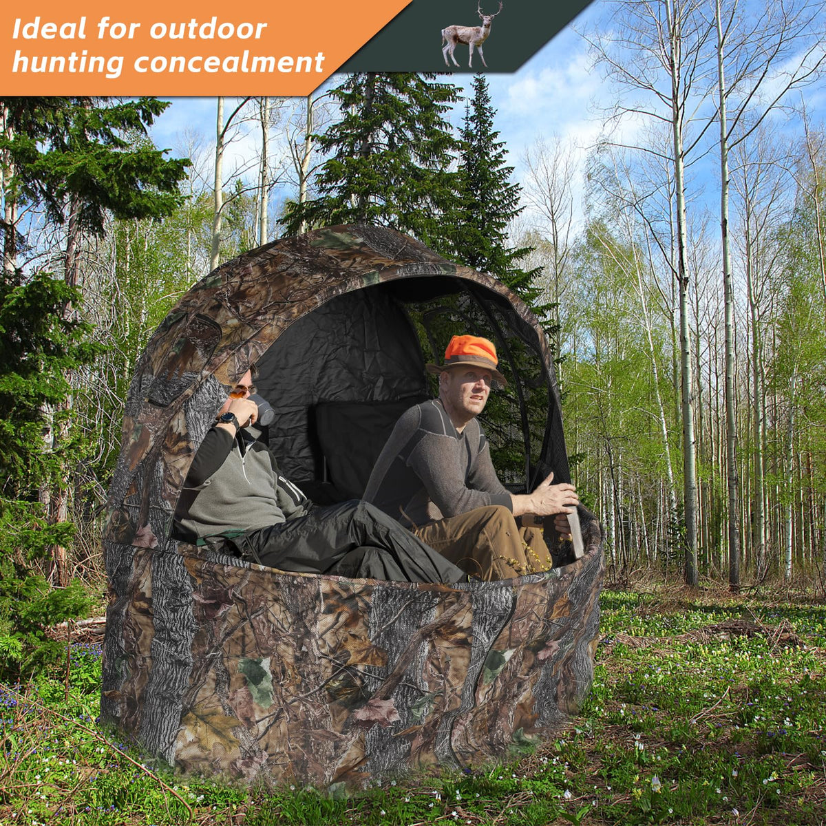 FUNHORUN Hunting Chair Blind, 2 Man See Through Ground Blind, Portable 2 Person Camouflage Chair Tent with Carrying Bag