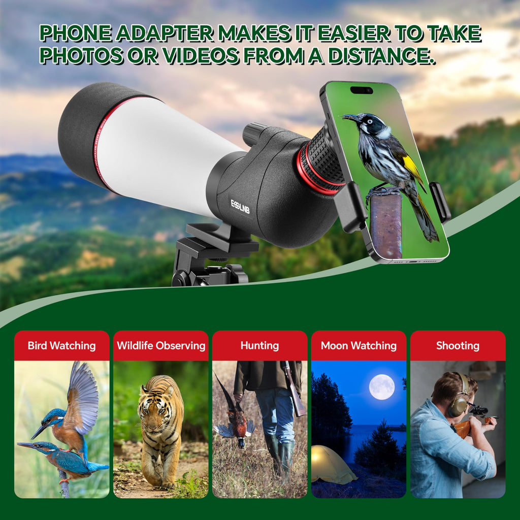 ESSLNB 20-60x80 Spotting Scopes with Tripod, BAK4 High Definition Compact Waterproof Spotter Scope with Phone Adapter and Carrying Bag for Bird Watching Wildlife Scenery