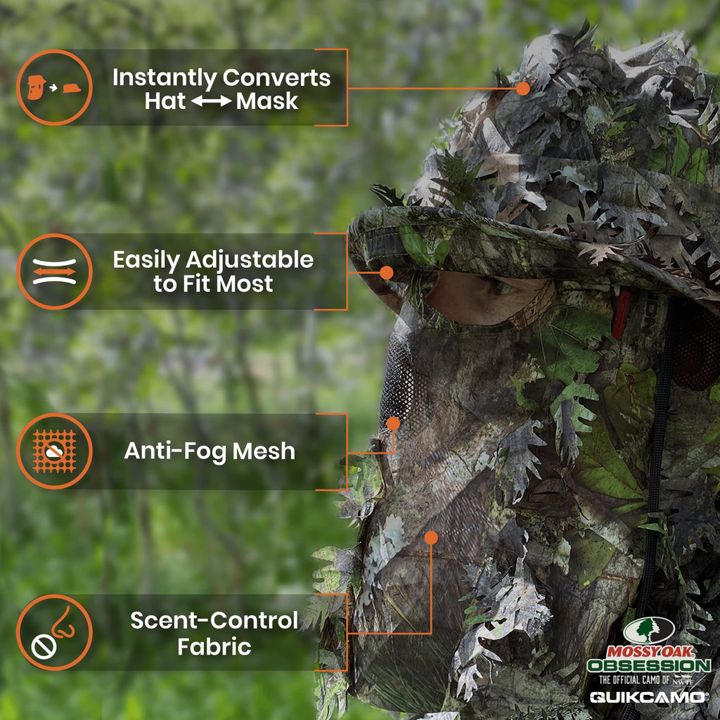 QuikCamo Men’s Mossy Oak Obsession 3D Leafy Camo Bucket Hat with Built-In Face Mask for Turkey Hunting - Adjustable Size